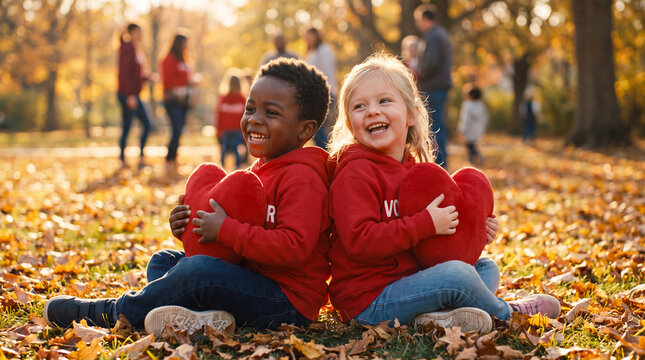 Two cheerful children in red volunteer hoodies sit back to back holding red hearts for Giving Tuesday autumn website marketing.