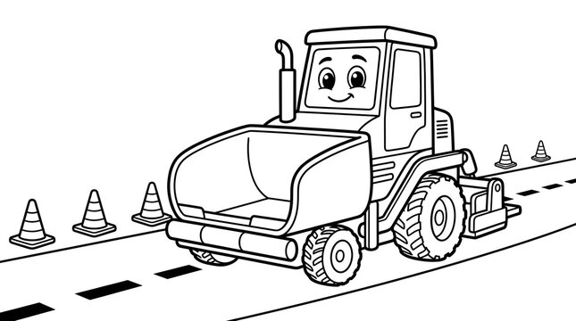 Smiling cartoon bulldozer driving on road with cones