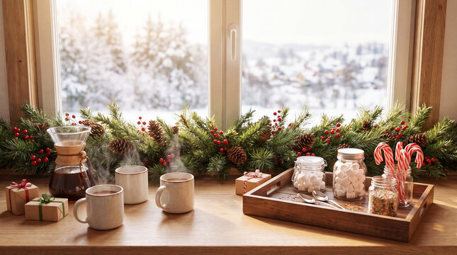 A bright kitchen window with snowy views, garlands, and a hot cocoa station brings cozy New Year cheer for website marketing.