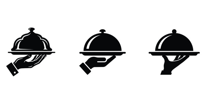 waiter holding serving tray with dome lid icons isolated on transparent background