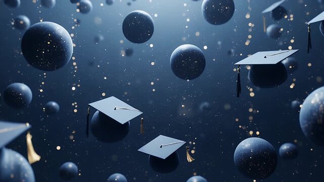 Abstract surreal 3D illustration of floating graduation caps and spheres in a dark blue cosmic space with golden particles