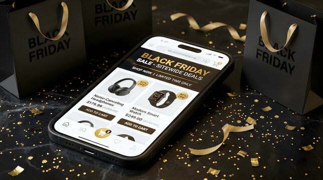 Black friday sale smartphone display with earphones
