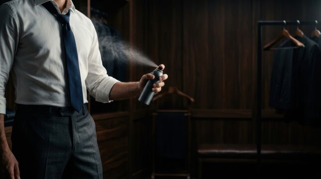 A man in a white shirt and tie sprays deodorant in a dressing room Banner Promotion