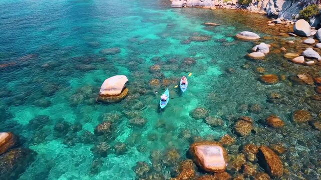 Two kayakers paddling between boulders in Lake Tahoe. An aerial view shows two people using double bladed paddles above submerged rocks in green Lake Tahoe water.