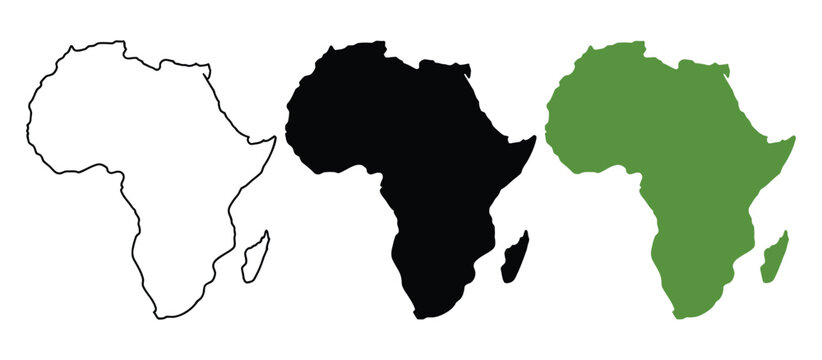 Africa map icon, continent outline, solid silhouette and national flag style vector illustrations for geographic design