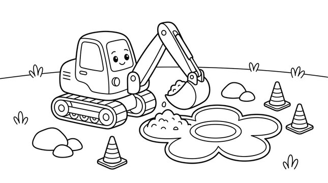 Cartoon excavator digging in a sandbox with cones