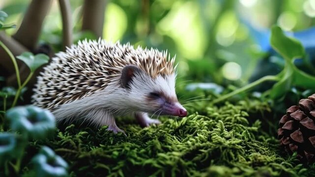 Close-up of a Hedgehog Exploring a Mossy Forest Floor