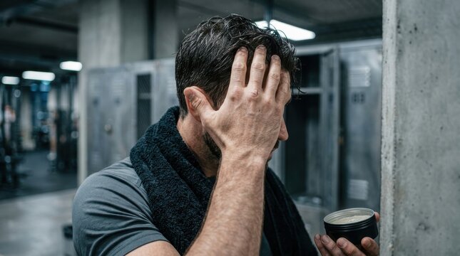 Man with hand on forehead holding a hair styling product in a gym locker room Banner