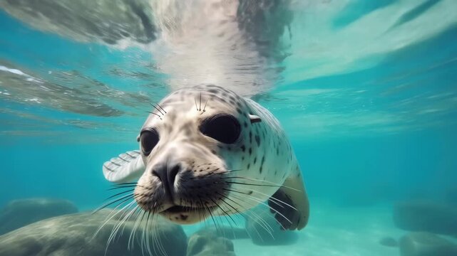 Close-up of a Seal Swimming Underwater in Turquoise Ocean