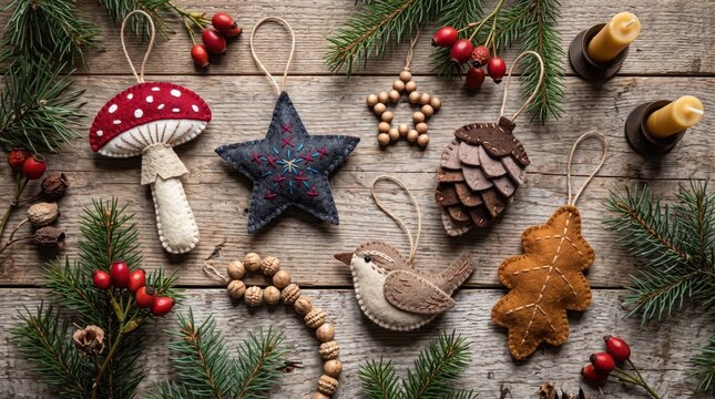 Handmade felt Christmas tree ornaments featuring reindeer, acorns, leaves, stars and festive woodland figures arranged with evergreen branches on a rustic wooden table, top view