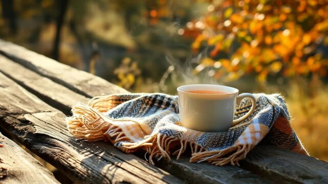 Steaming Cup of Tea on a Woolen Blanket on a Rustic Bench in Autumn