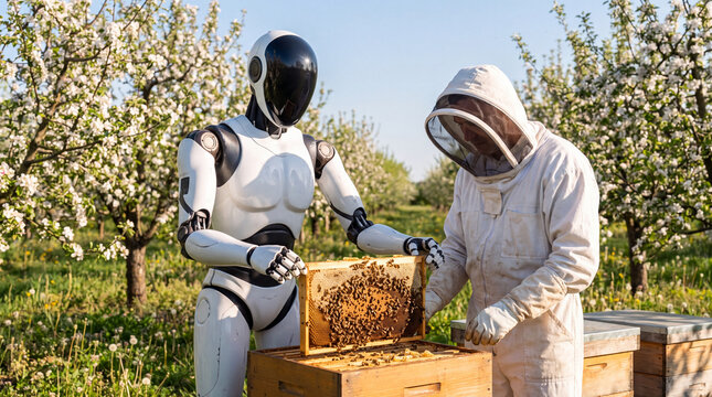 Future of Beekeeping: A beekeeper in protective gear works alongside a humanoid robot in an apple orchard, examining a honey bee frame, symbolizing the integration of technology in agriculture.