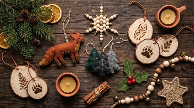 Handmade felt Christmas tree ornaments featuring reindeer, acorns, leaves, stars and festive woodland figures arranged with evergreen branches on a rustic wooden table, top view