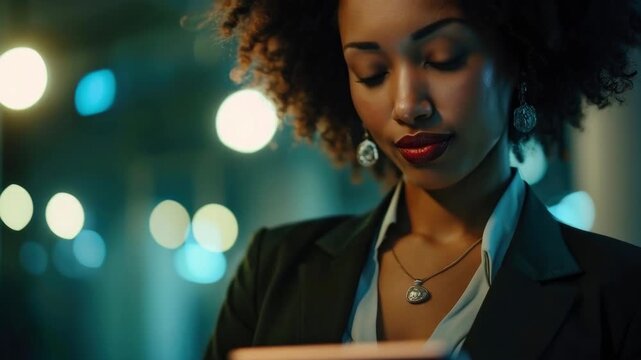 Elegant woman with curly hair in a cinematic portrait