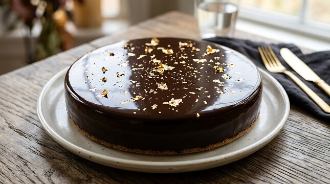 Chocolate mirror glaze cake with edible gold leaf on wooden table for luxury dessert