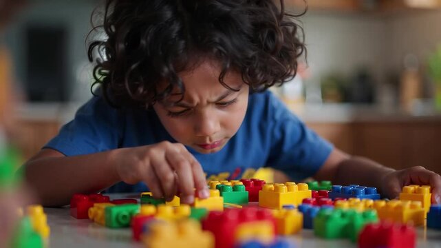 Child Building Colorful Blocks at Kitchen Table Indoors with Focused Expression and Natural Daylight
