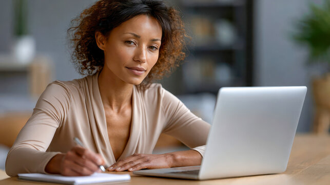 Close-up of a person working in a modern remote workspace with a laptop and notebook