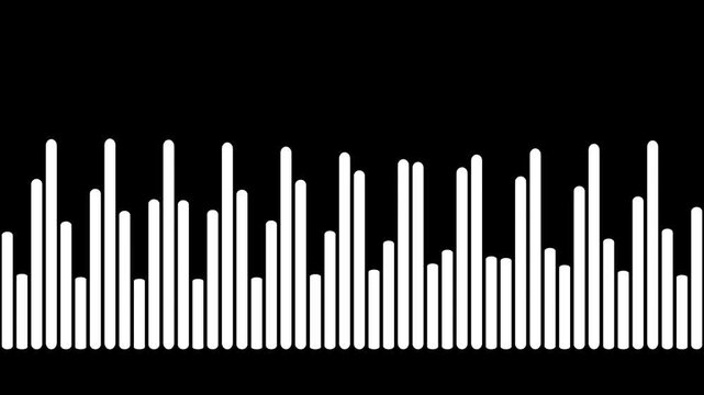 Realistic audio spectrum visualizer, white sound wave frequency on black screen, white line audio wave visualisation voice record effect overlay, waveform loop, sound equealizer in 4k