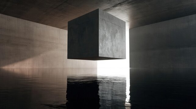 Dark and eerie scene of a concrete cube floating in the middle of a body of water. the cube is in the center of the image, with its reflection visible on the surface of the water below.