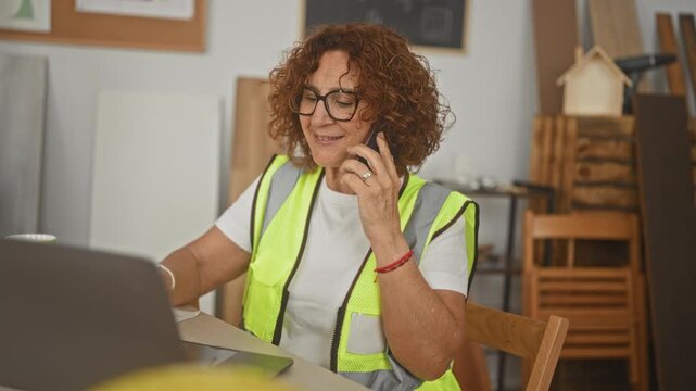 Woman carpenter talking on smartphone while typing on laptop and reviewing plans, wearing high visibility vest in studio; focused project planning.