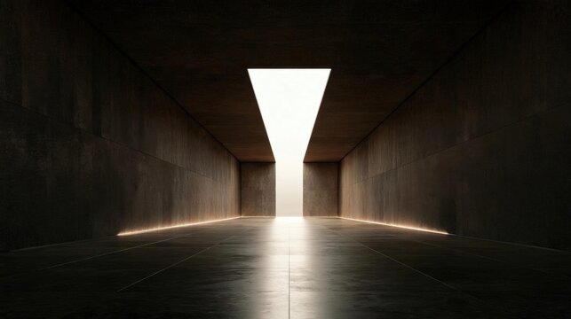 Empty room with a triangular light at the end of the room. the room has a dark, concrete floor and walls on both sides. the walls are made of dark grey tiles and the ceiling is made of concrete.