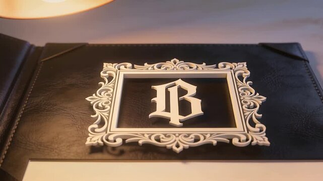 Emerging ornate frame rotating, enclosing letter B on black leather menu with desk lamp