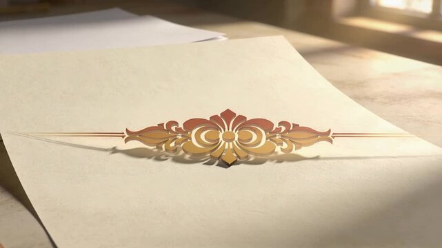 Lifting gold motif from cream sheet on desk, with sunlight warming edges, showing ruler