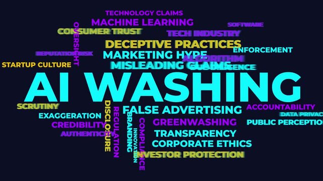 AI Washing Concept Word Cloud Animation Highlighting Tech Marketing Ethics
