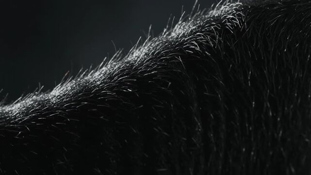 Macro shot of black animal fur with dramatic rim lighting and highlights against a dark studio background space.