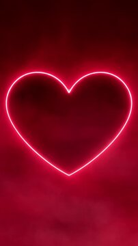 Red Neon Heart Frame Glowing with Fog Smoke Animation, Romantic Love Shape Valentine's Day and Wedding Videos Vertical Social Media Motion Background
