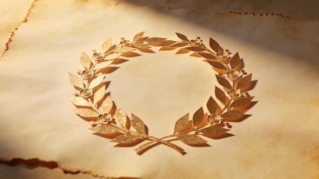 Shifting light revealing golden laurel wreath lifting leaves on aged parchment, adding depth, roses