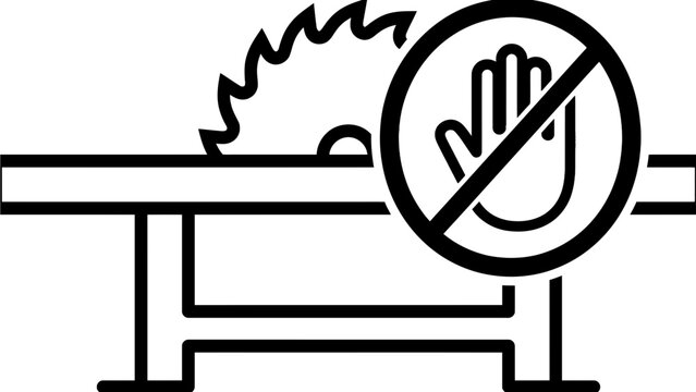 Circular saw table with safety warning prohibition hand sign depicted in bold black line vector art style