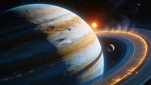 Emerging star at limb brightening gas giant in deep space, revealing glowing ring streaks and moon