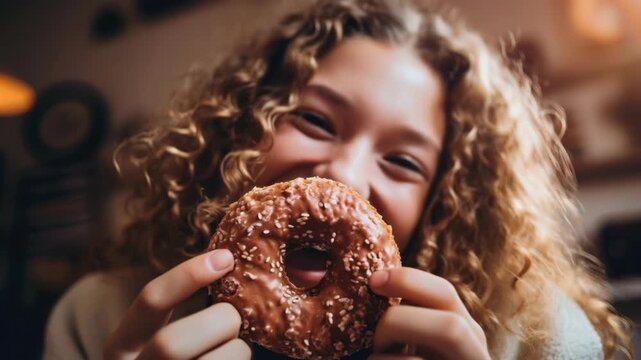 Happy Girl with Curly Hair Holding a Chocolate Donut