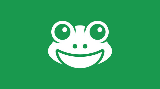 A charming and playful minimalist frog face icon featuring clean white line art on a vibrant green background for modern branding and vector art