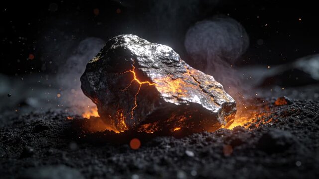 Pulsing meteorite with molten fissures sending embers upward over black ash with rising smoke