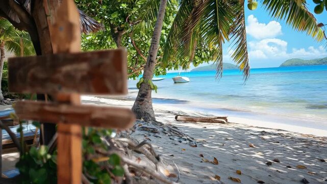 Tropical Beach with Rustic Wooden Sign and Palm Trees