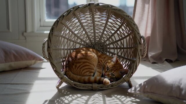 Sunlight drawing ginger cat walking, sniffing and stepping into woven basket by window, seeking sun