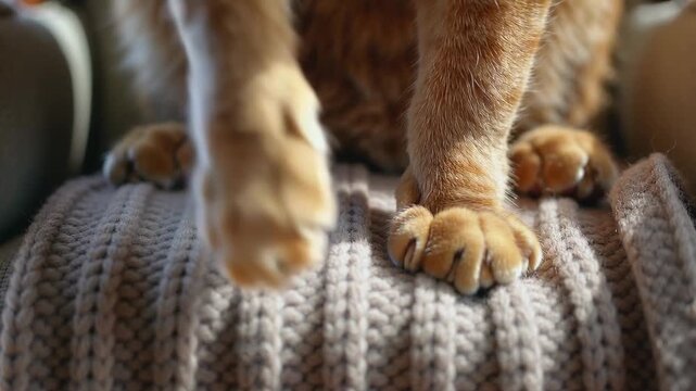 Settling on armchair, kneading ginger cat front paws pressing into ribbed throw, seeking comfort