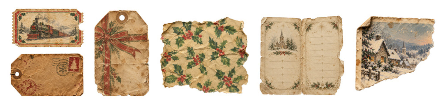 Vintage Christmas paper scraps on transparent background, steam train ticket, gift tags, holly pattern, blank card and snowy village.