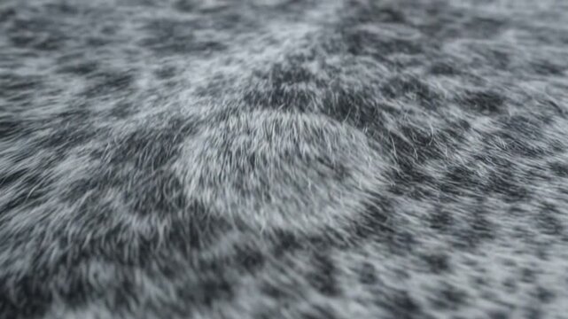 Macro tracking shot of rolling ripples moving over a grey and white spotted fur surface with soft studio light