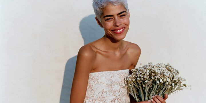 Smiling bride with white wildflower bouquet against pale wall for wedding portrait background and bridal banner design