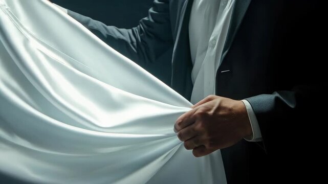 Man in Suit Holding and Unveiling Elegant White Fabric