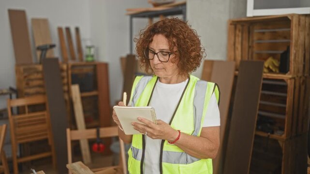 Woman carpenter writing notes in a notebook inside a woodshop building, holding pen and checking inventory; focused planning.