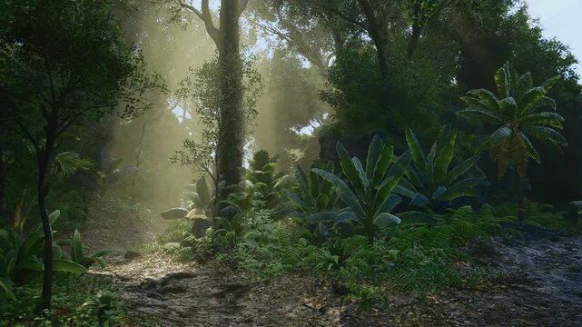 Mysterious understory path pierced by shafts of light, deep green tones, dense foliage framing narrow route, cinematic suspense, ideal for adventure or fantasy