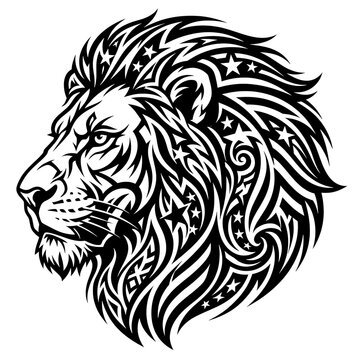 Stylized tribal lion head illustration with intricate swirl and star patterns