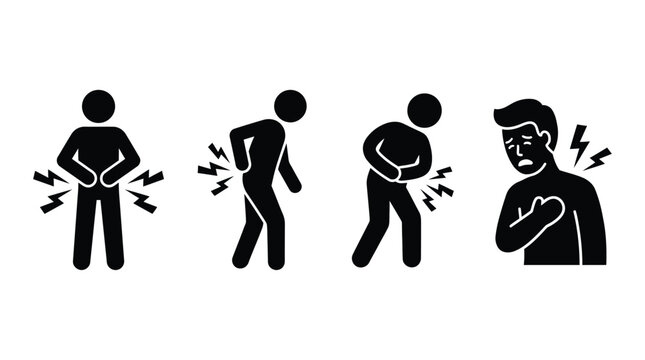 Bodily pain symptoms vector icons depicting stomach ache back pain