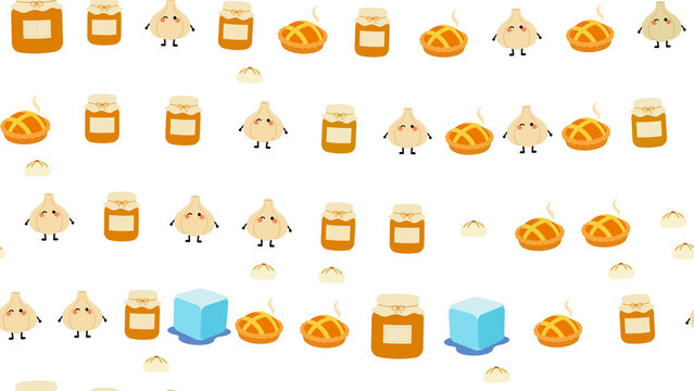 Cute food pattern with jars, pies, garlic, and buns