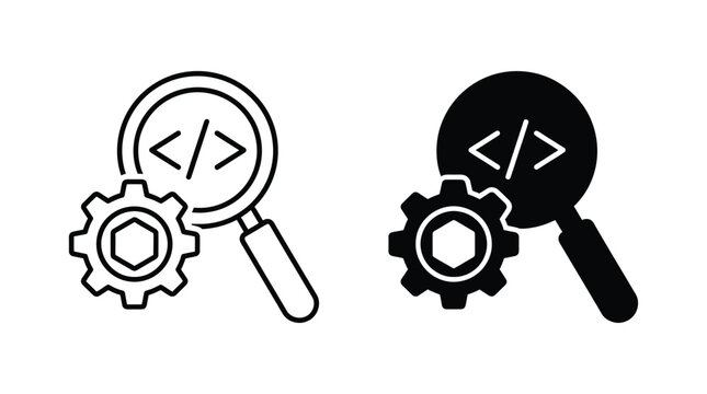 Magnifying glass and gear icon outline and solid style vector illustration