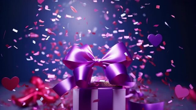 Purple Gift Box with Large Ribbon and Heart-Shaped Confetti for Celebration
